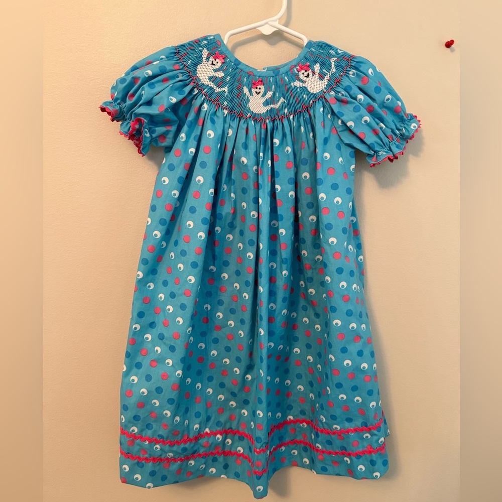 Classic Whimsy Ghost Blue Polka Dot Smocked Dress